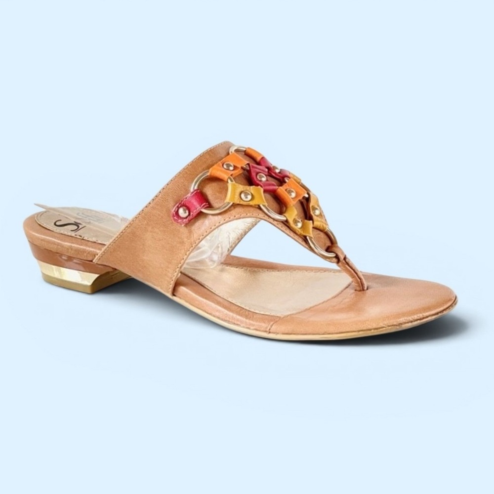 Sofft Womens 8M Tan Leather Woven Slide Thong Sandals Multi Color Rings Studded